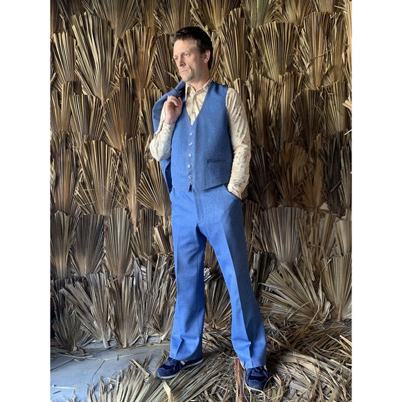 Vintage 1970s Denim Leisure Suit M/L 3 piece - Picture 2 of 12